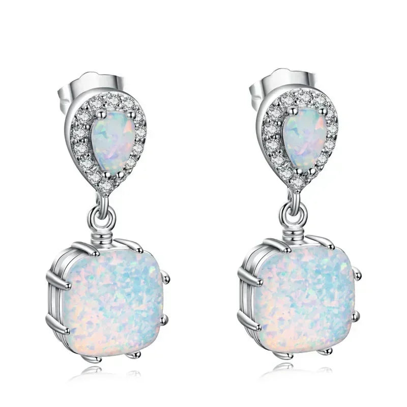 White Simulated Opal Dangle Earrings – Zinc Alloy Hook Drop