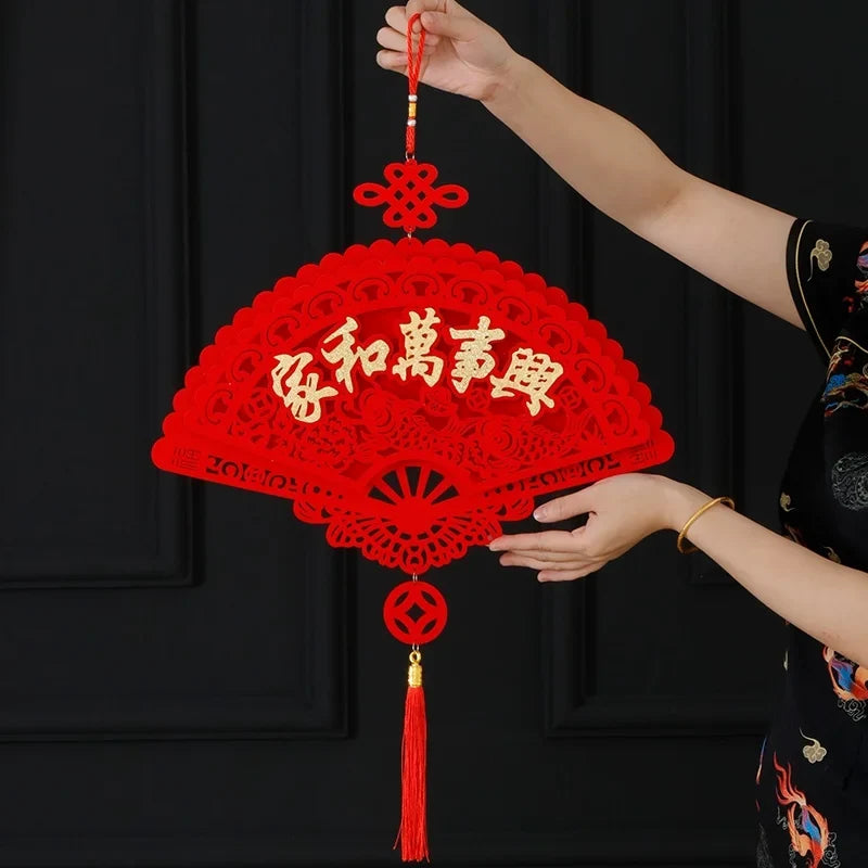 Chinese Knot Lucky Tassel Pendant | Red Flocked Fortune Ornament