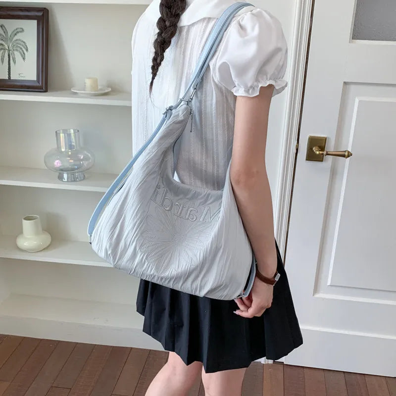 Korean Floral Embroidered Canvas Tote Bag | Large Shoulder Bag