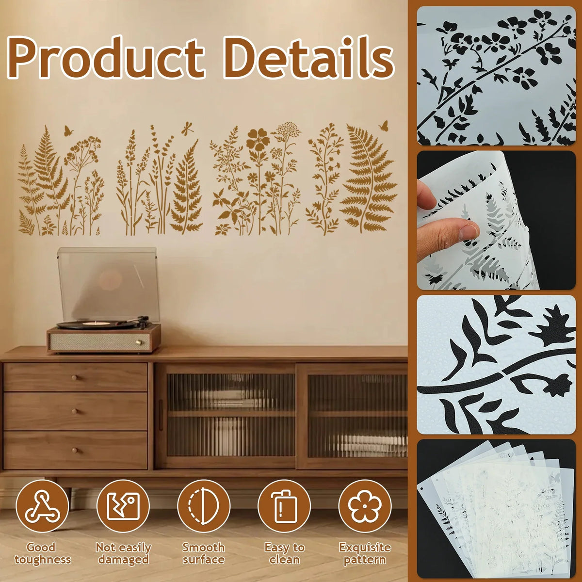6-Piece Botanical Wall Stencil Kit – Fern, Floral & Leaf DIY