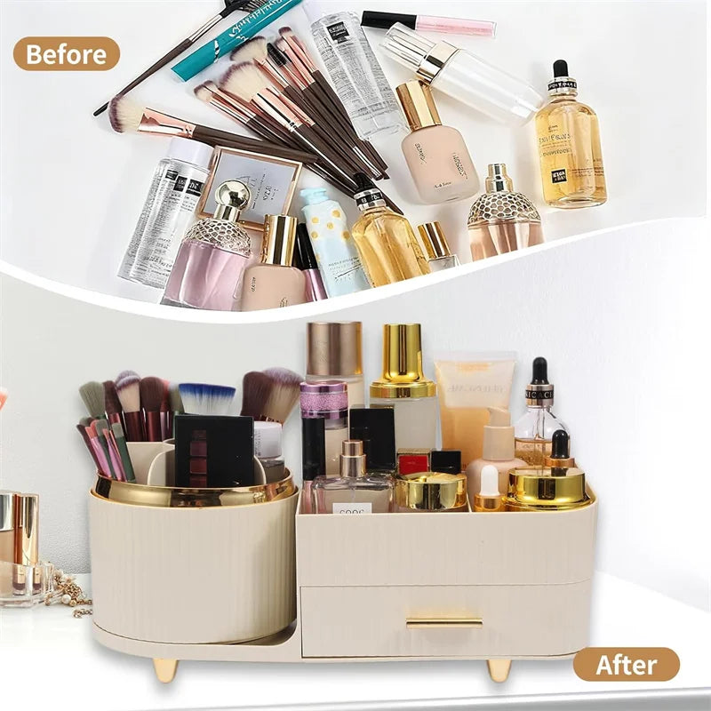 360 Rotating Makeup Brush Organizer with Drawer | Cream White