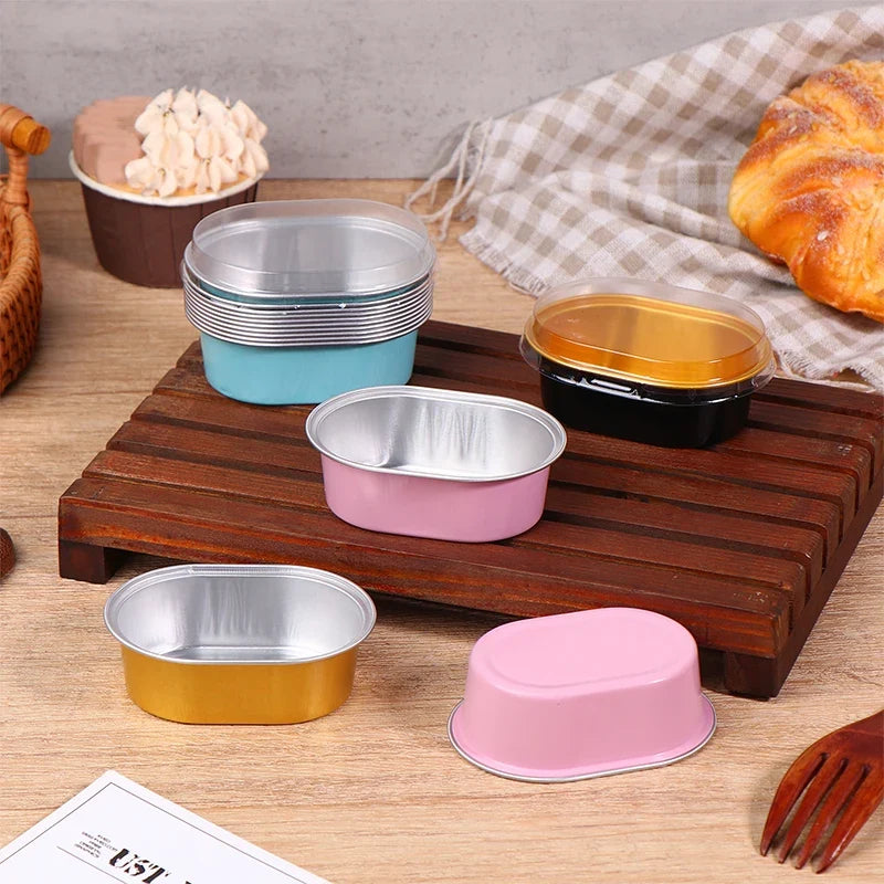 10Pcs Aluminum Foil Baking Cups with Lids – 68ml Oval Dessert Molds