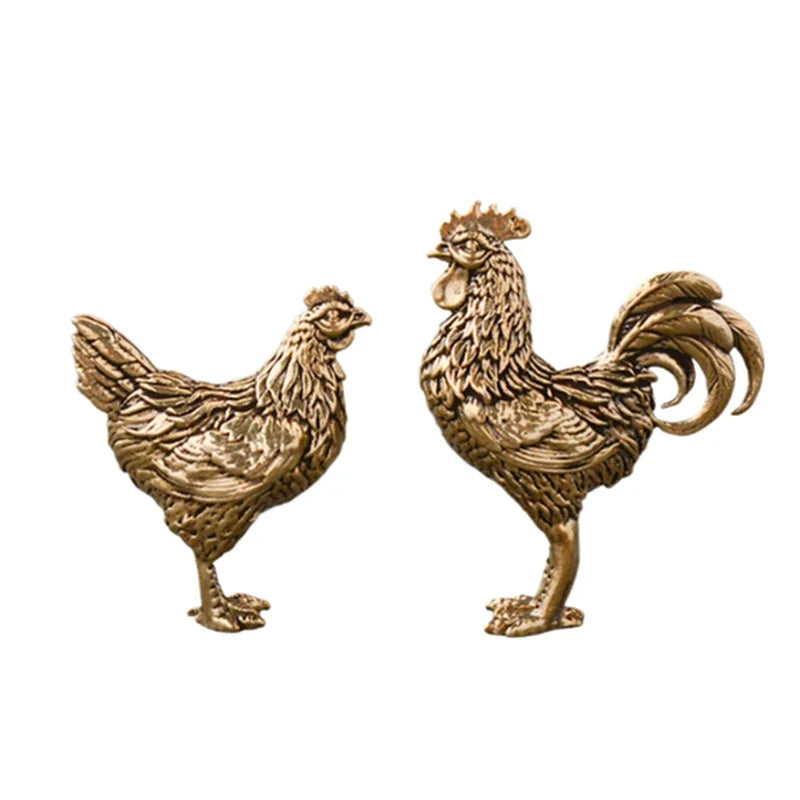 Solid Brass Rooster & Hen Miniature Statue Desk Ornament