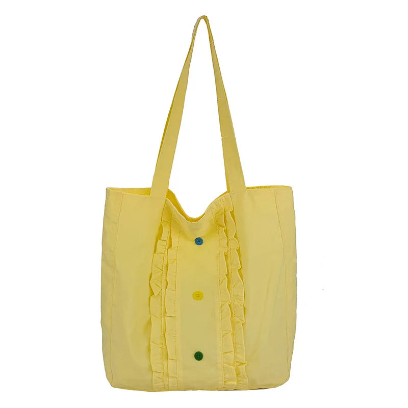 Women's Large Canvas Tote Bag – Lace Trim, Button Detail