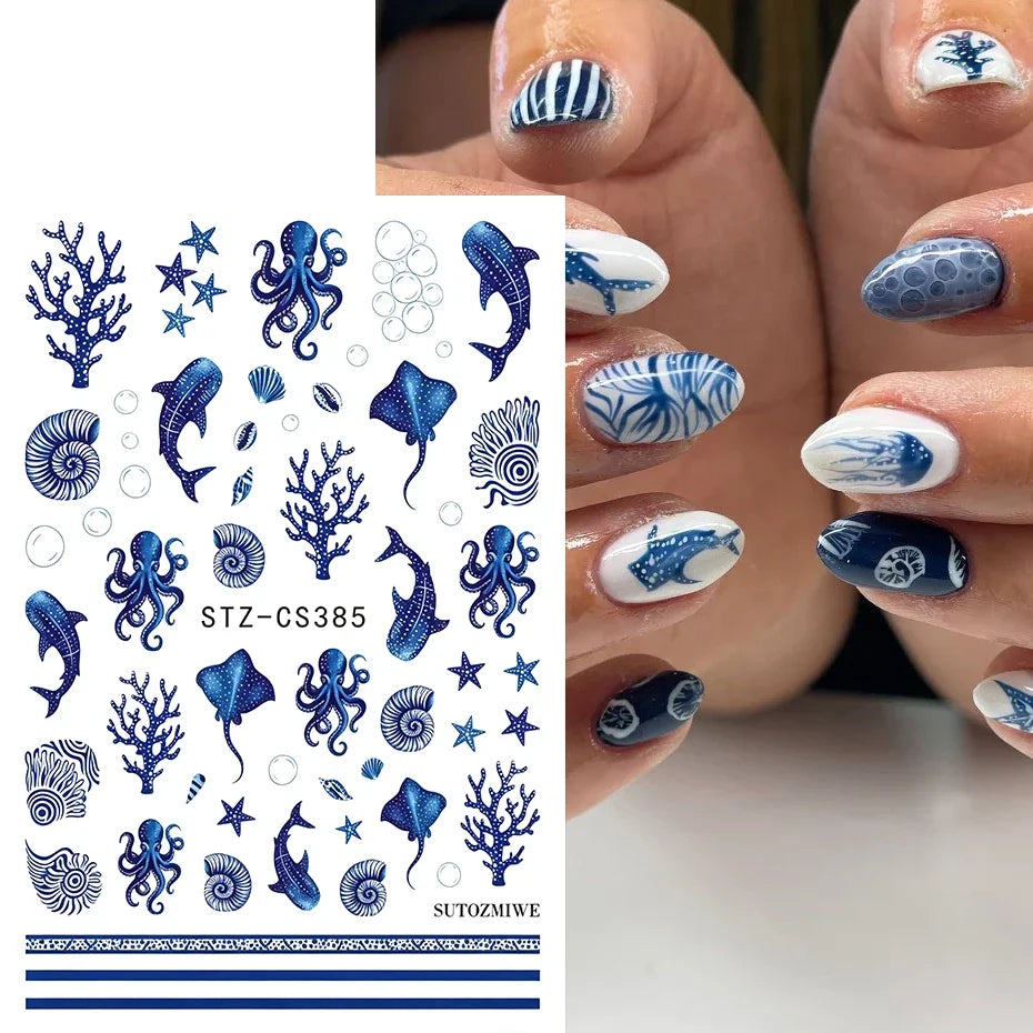 Blue Ocean Nail Art Stickers – Whale & Starfish Decals 2pcs