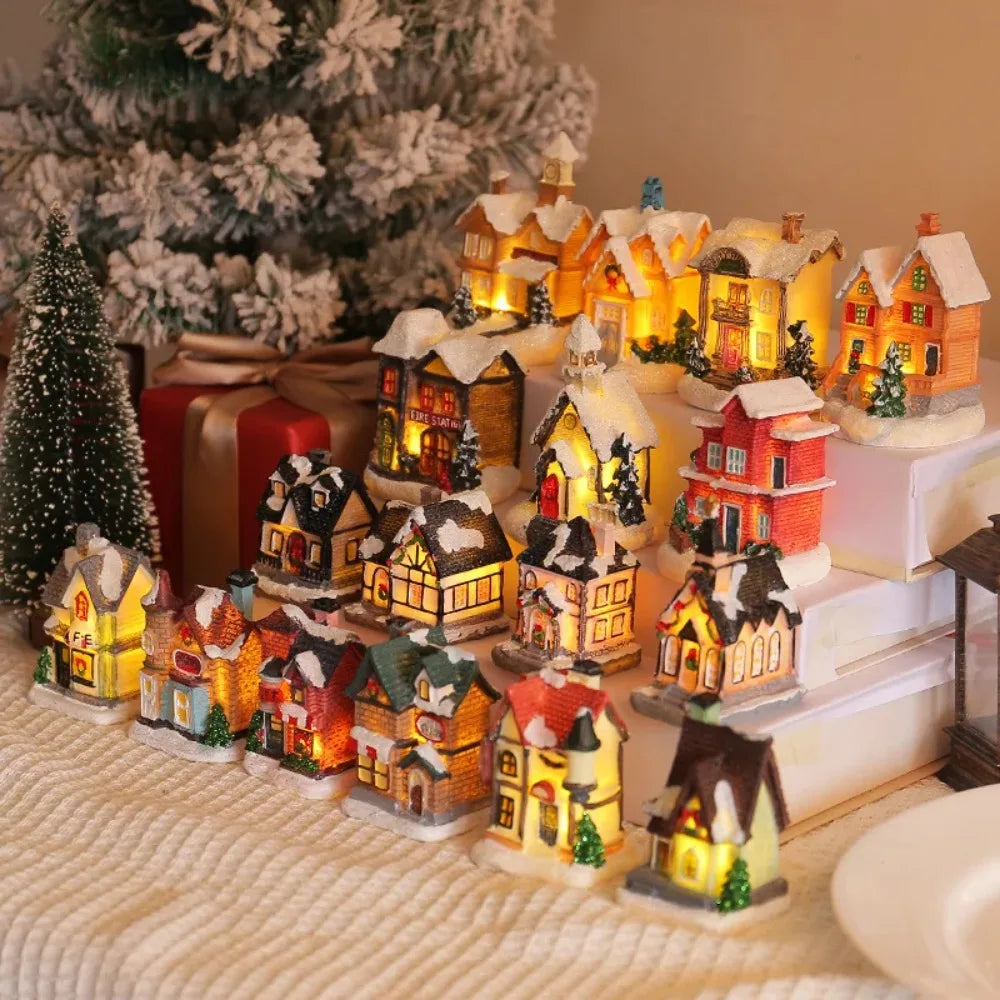 LED Miniature Christmas Village House Resin Ornament Decor
