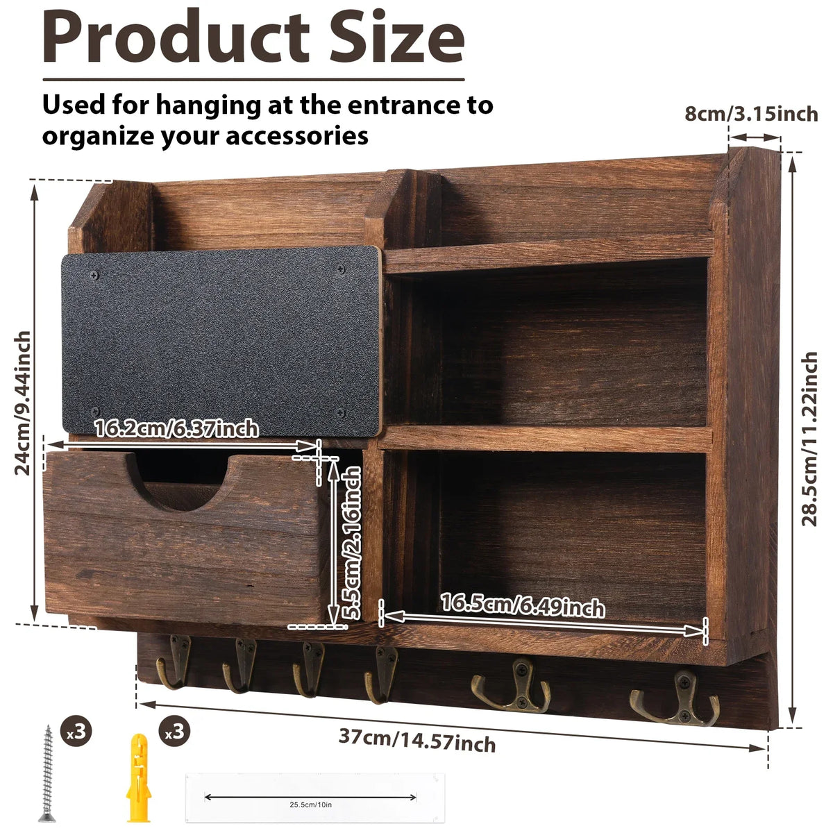 Wooden Wall-Mounted Key & Mail Organizer with Hooks & Drawer