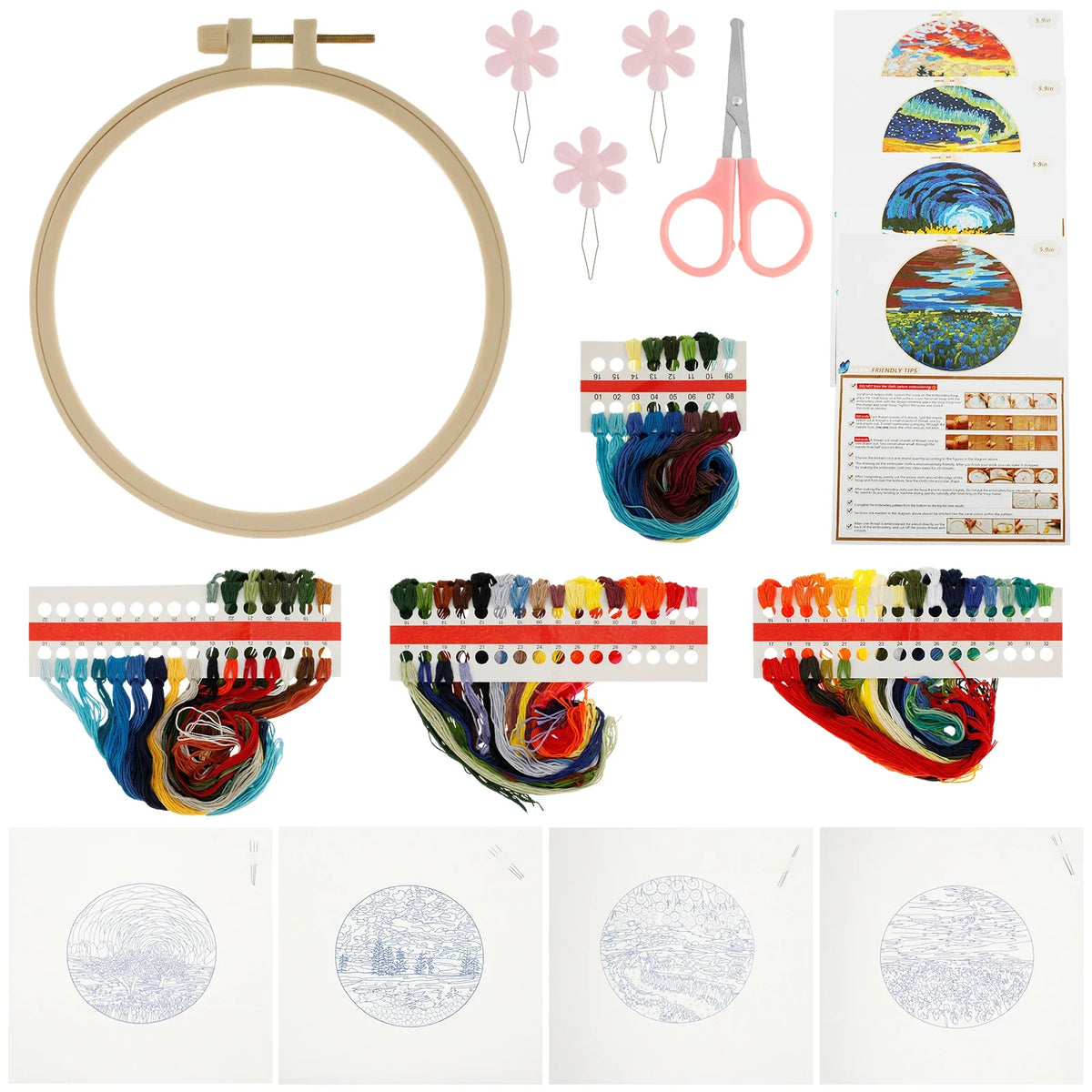 4-Piece Embroidery Starter Kit – Stamped Pattern & Hoop Set