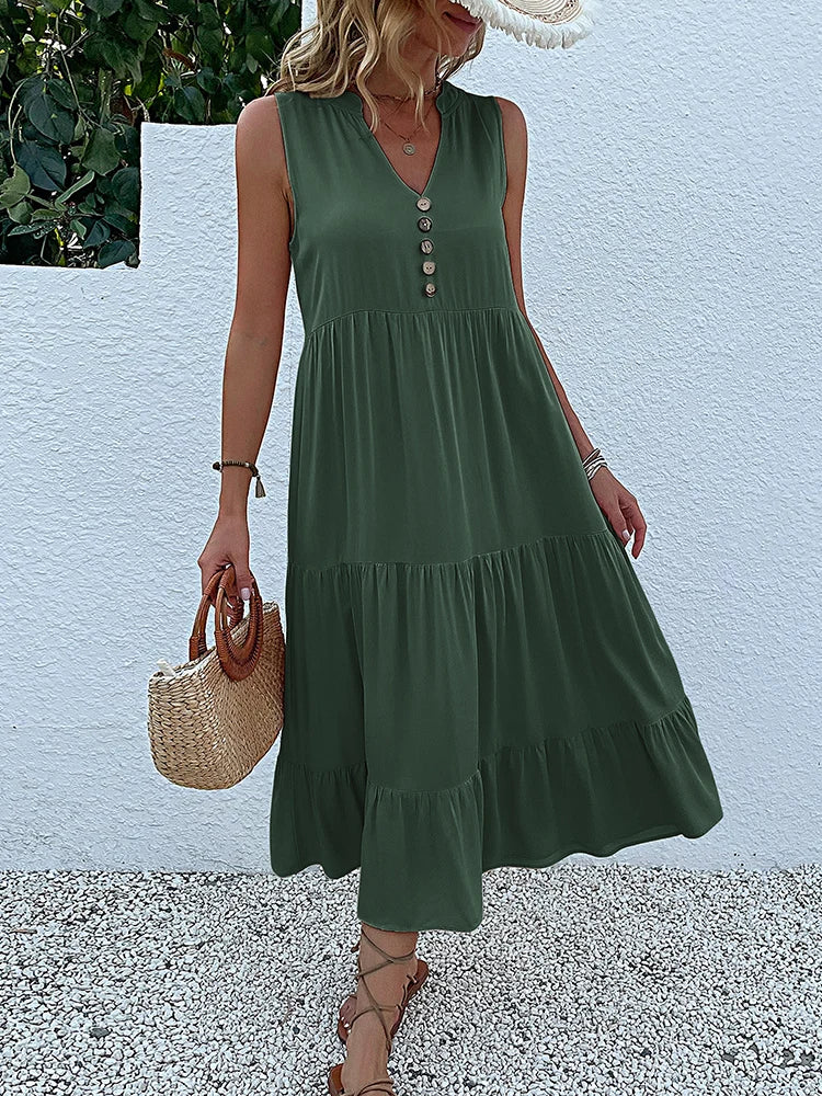 Women's Sleeveless V-Neck Ruffle Midi Sundress | SAILASIDIYA