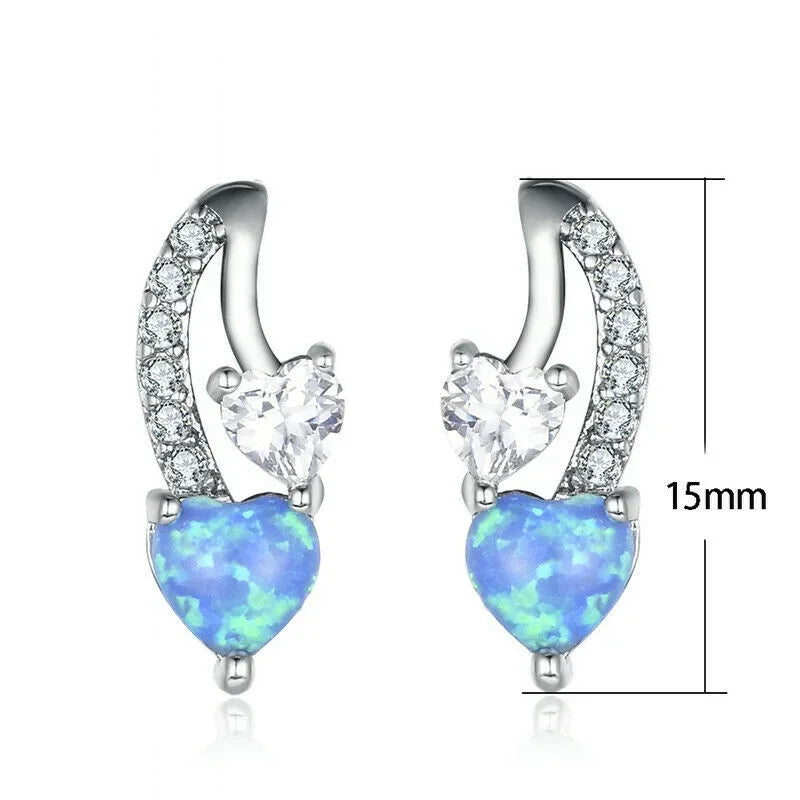 Women's Silver Blue Simulated Opal Heart Stud Earrings
