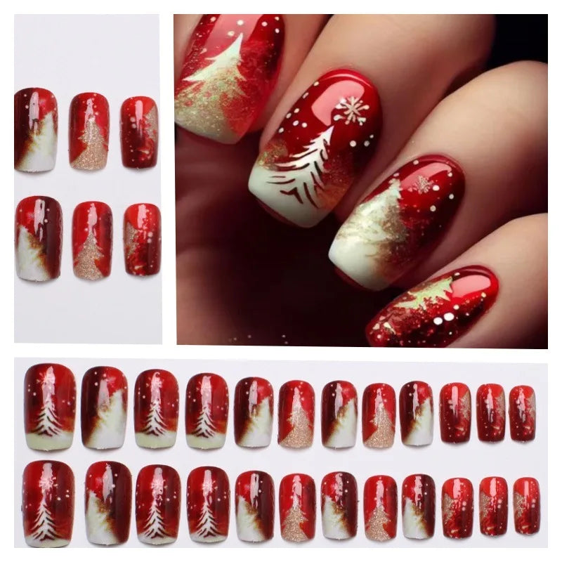 Christmas Snowflake Press On Nails 24pcs Red Gold Holiday