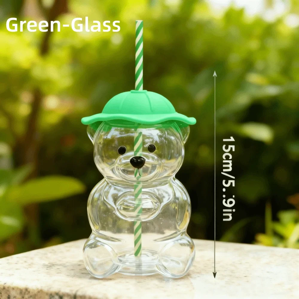 Teddy Bear Glass Cup with Lid & Straw – Large Capacity