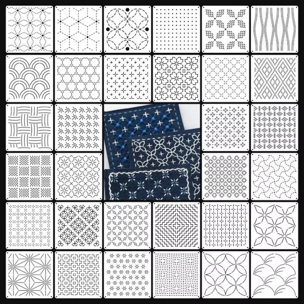 9/32Pcs Reusable Sashiko Embroidery Stencils – Geometric PET Set