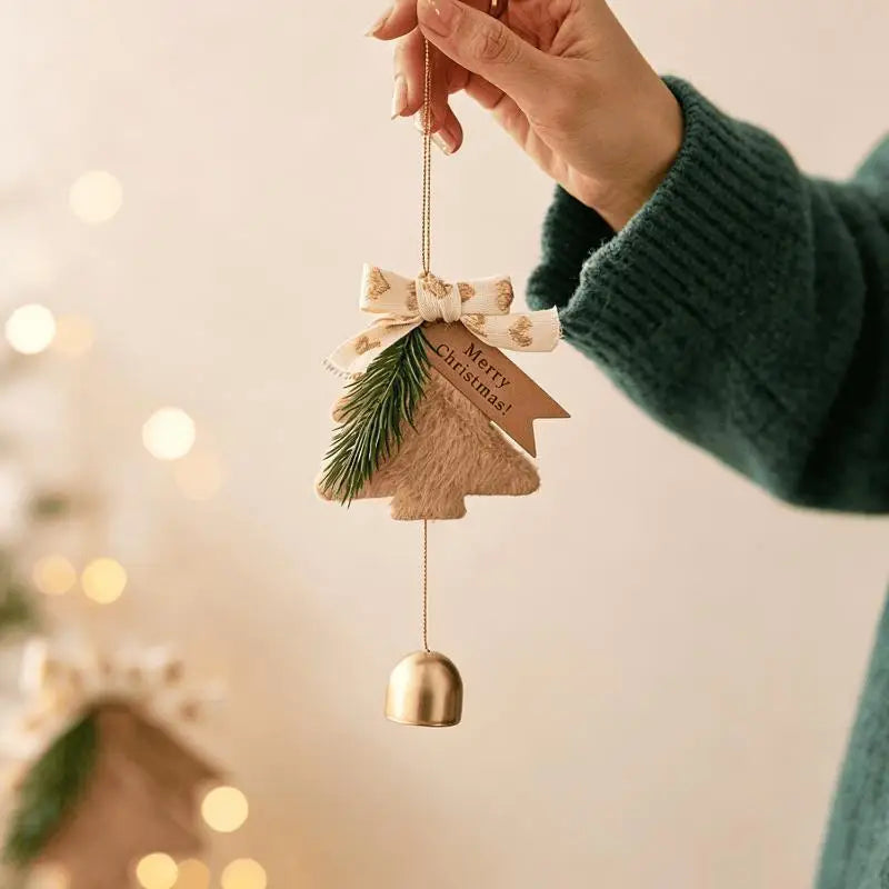 Plush Christmas Tree Ornament with Bow & Brass Bell | Xmas Decor