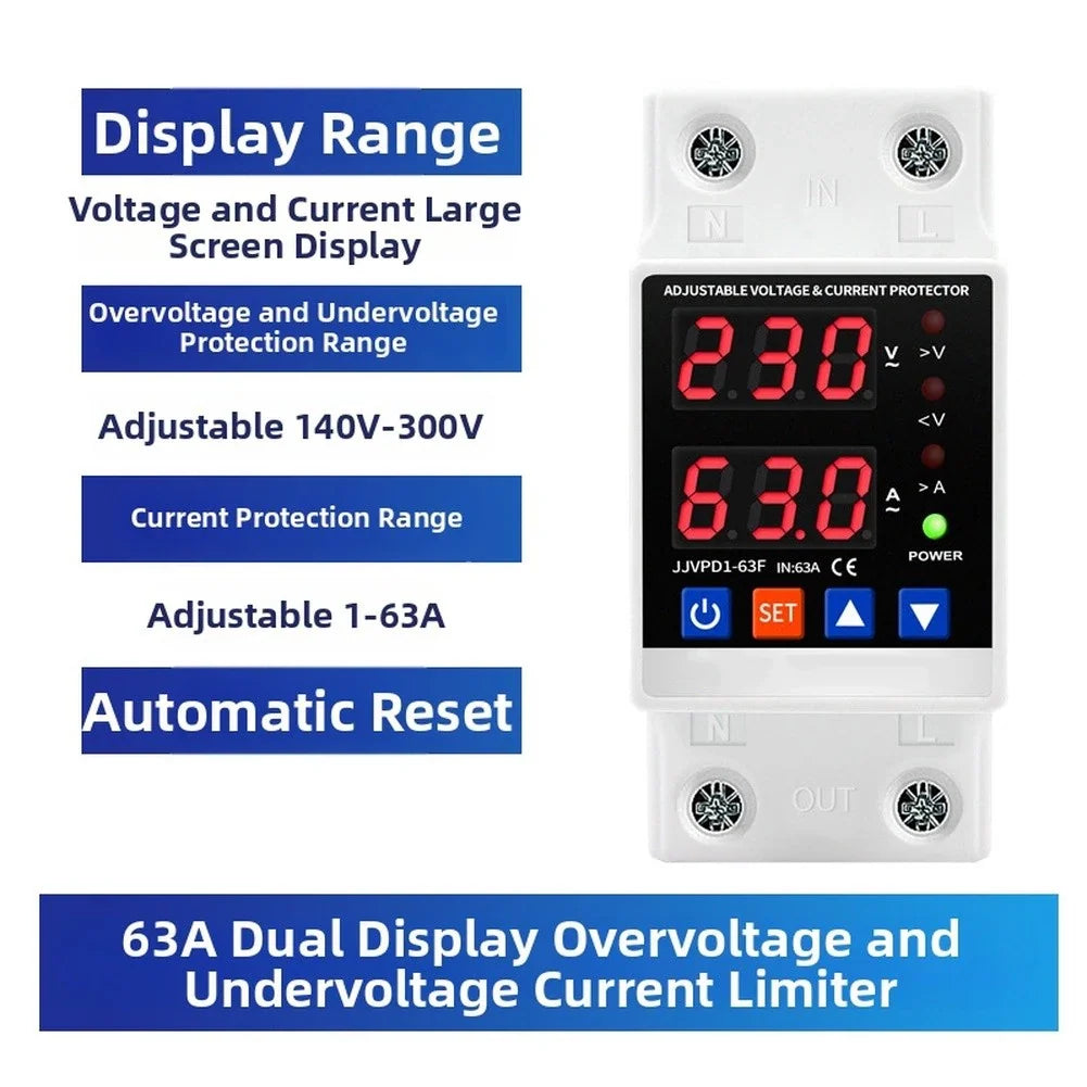 Din Rail Dual Display Over/Under Voltage & Current Protector