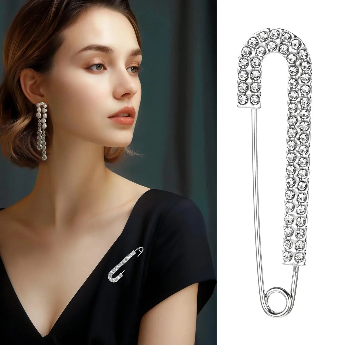 Silver Rhinestone Safety Pin Brooch – Decorative Clothing Pin