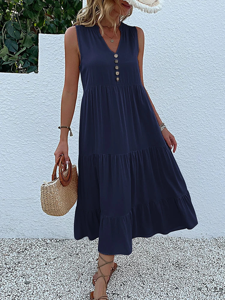 Women's Sleeveless V-Neck Ruffle Midi Sundress | SAILASIDIYA