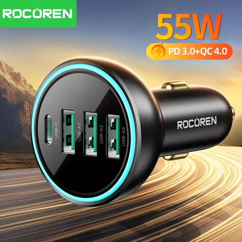 Rocoren 55W 4-in-1 USB-C Car Charger – PD & QC4.0 Fast Charge