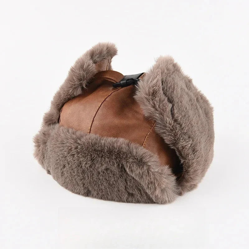 Faux Leather Fur-Lined Bomber Trapper Hat with Ear Flaps