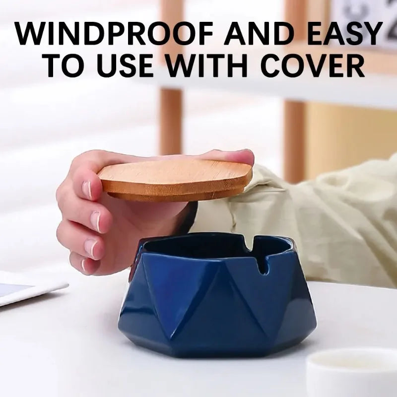 Modern Ceramic Ashtray with Bamboo Lid | Desktop Décor