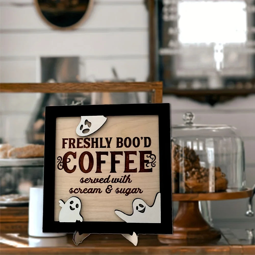 3D Wooden "Fresh Boo Coffee" Halloween Sign | Ghost Décor