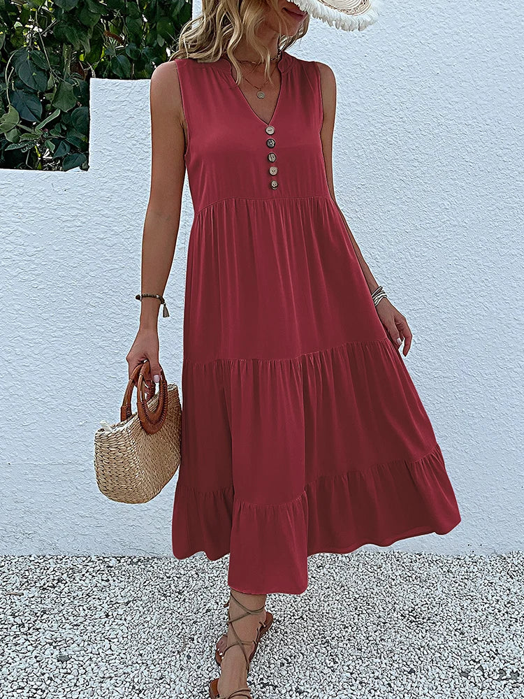 Women's Sleeveless V-Neck Ruffle Midi Sundress | SAILASIDIYA
