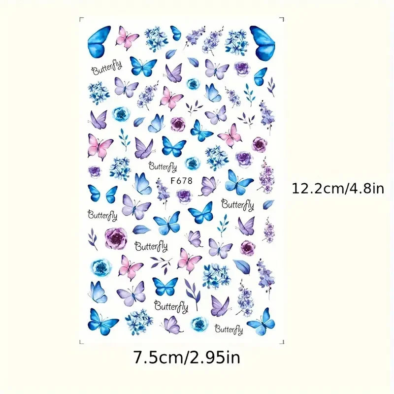 Spring Butterfly Flower Nail Art Stickers – 6 Sheets Glitter