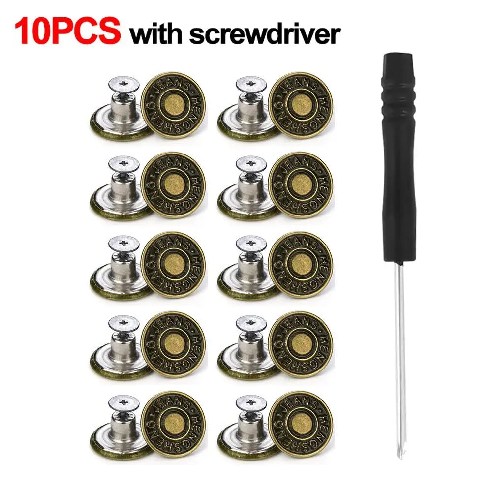 10Pcs 17mm Metal Jeans Buttons No-Sew Shank Buttons + Screwdriver