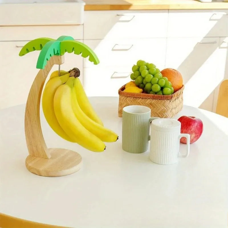Wooden Banana Holder Fruit Shelf with Decorative Leaves
