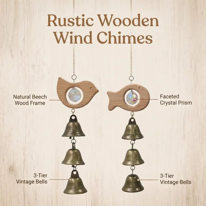 Wooden Fish & Bird Wind Chime – Crystal & Brass Bell Décor