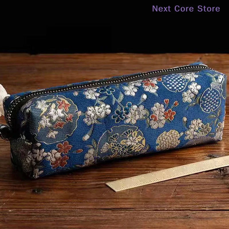 Vintage Embroidery Pencil Case Large Capacity Cotton Linen Pouch