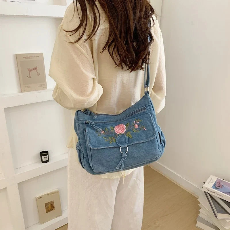 Embroidered Denim Crossbody Bag | Multi-Layer Shoulder Bag