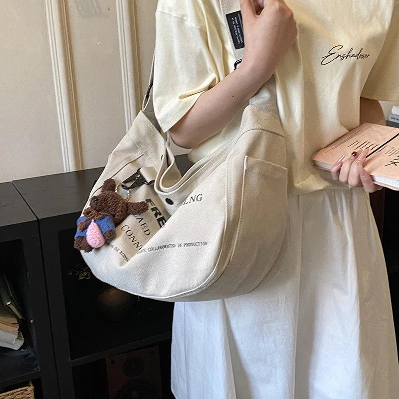 Women's Letter Print Canvas Tote Bag | Large Crossbody