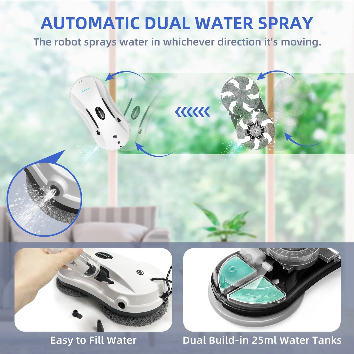 Smart Robot Window Cleaner – Dual Spray, App & Remote, 68dB