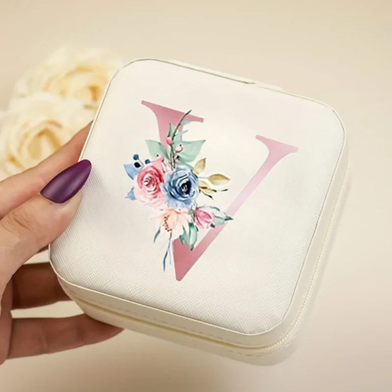 White Floral PU Leather Jewelry Box – A-Z Ring & Earring Organizer