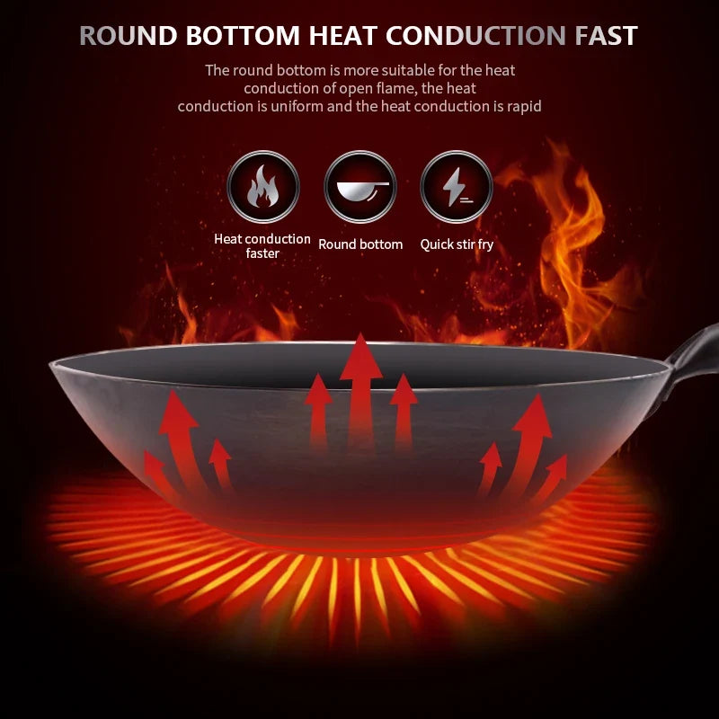 FEB.WIND Hand Forged Iron Wok – Non-Coating, Wooden Handle