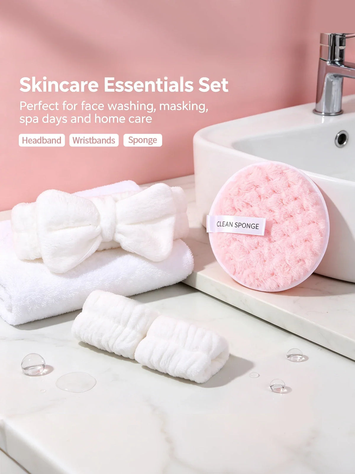Spa Skincare Set – Bow Headband, Wristbands & Reusable Pads