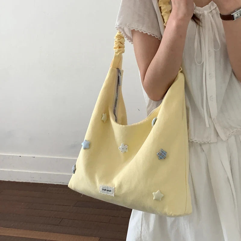 Korean Star Canvas Drawstring Crossbody Shoulder Bag for Women