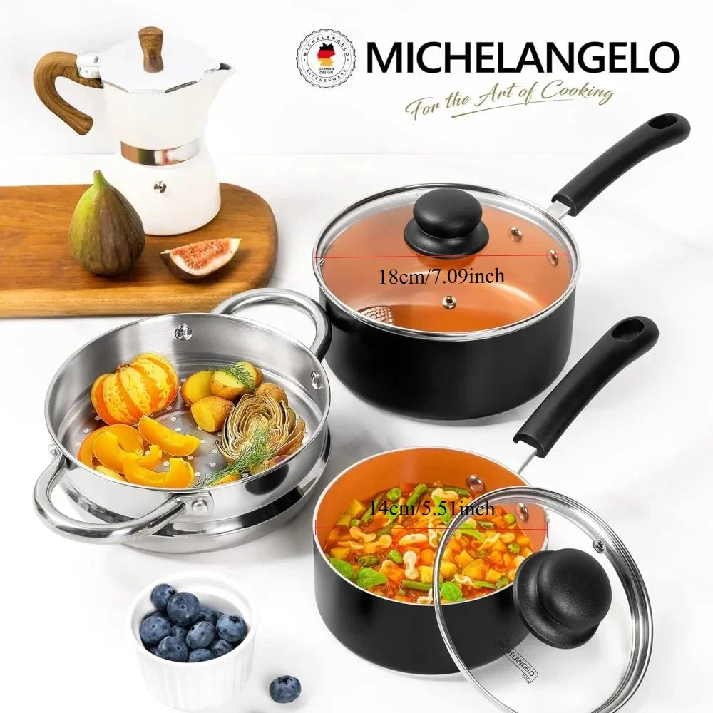 MICHELANGELO 1QT & 2QT Ceramic Non-Stick Pot Set + Steamer