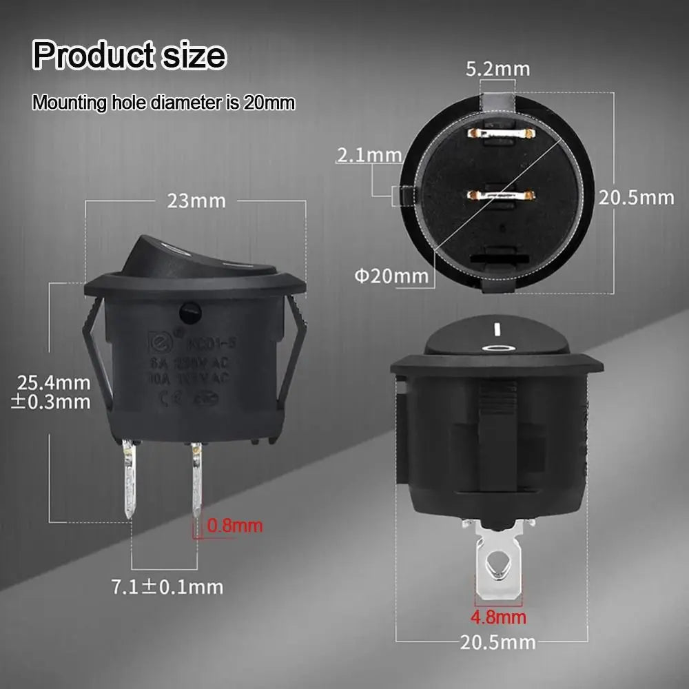 5-Pack Mini Round Rocker Switch SPST ON/OFF 12V 24V 20mm + Wires