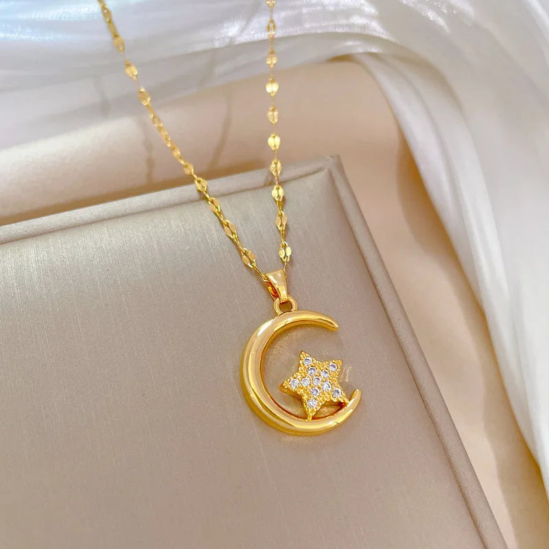 Star Moon Pendant Necklace | Gold Stainless Steel Choker