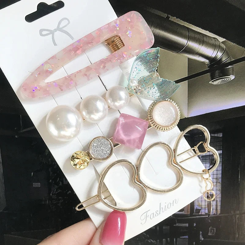 Pearl Crystal Hair Clips Set – Korean Geometric Barrettes