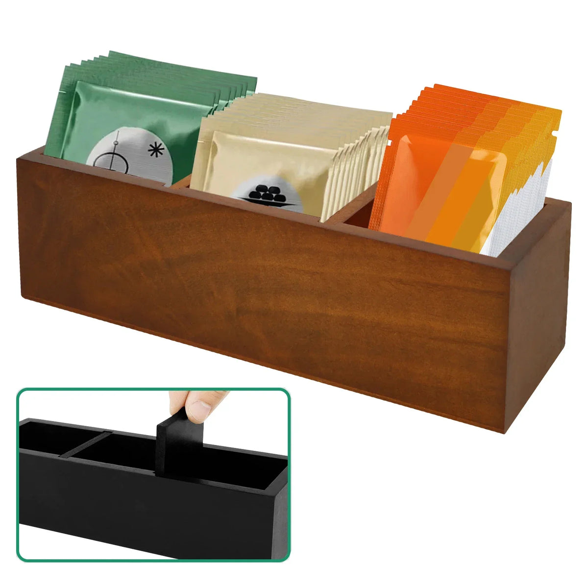 Wooden Tea Bag Organizer Box with Removable Dividers – 3 Slots