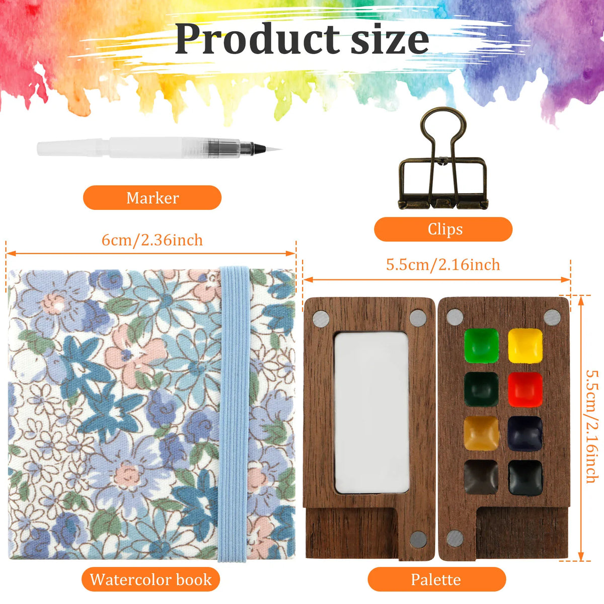 Mini Travel Watercolor Palette Set | 8-Grid Wood Palette & Sketchbook