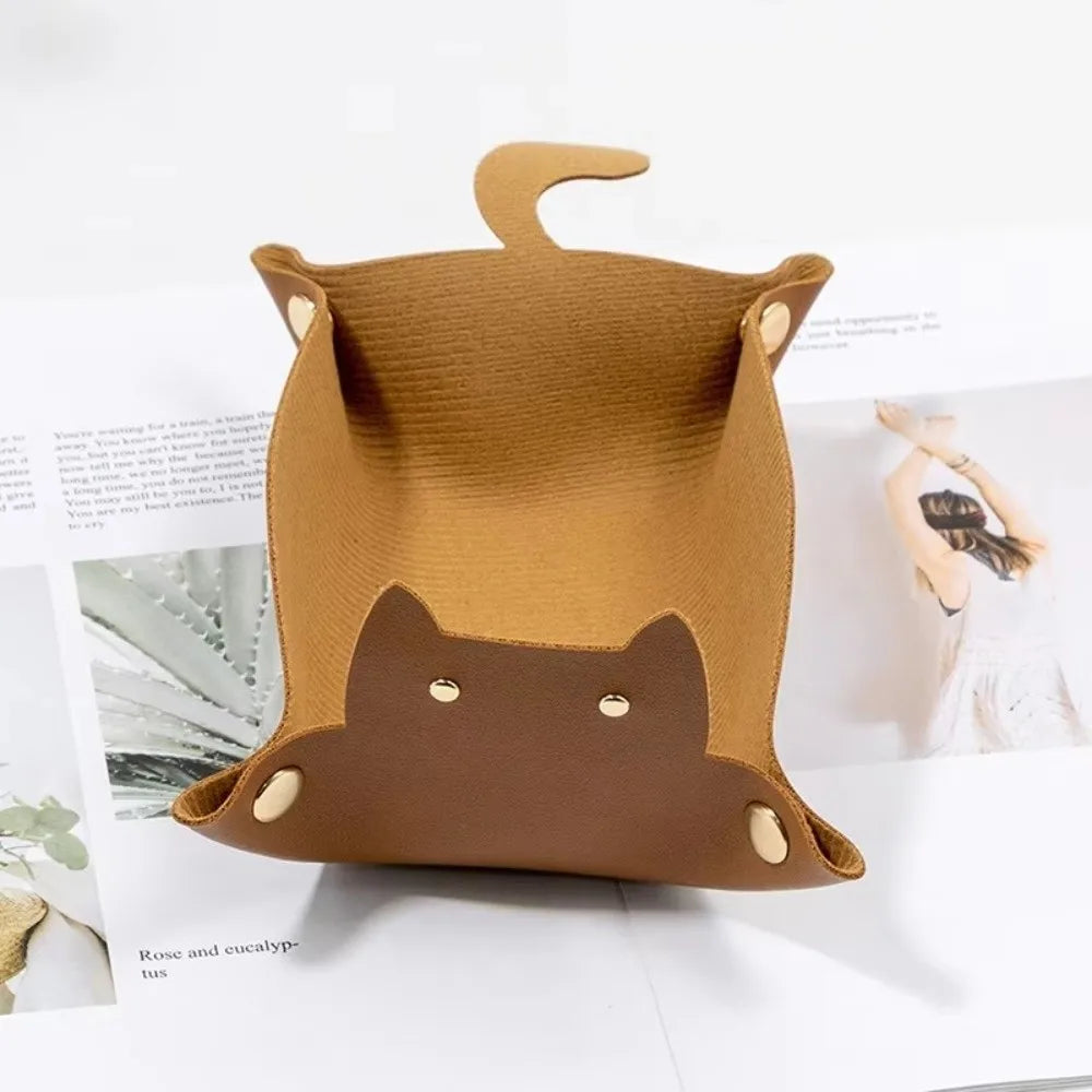 PU Leather Folding Hexagonal Dice Tray – Cute Cat Storage Tray