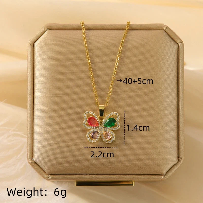 Zircon Butterfly Pendant Necklace Women | Gold Stainless Steel