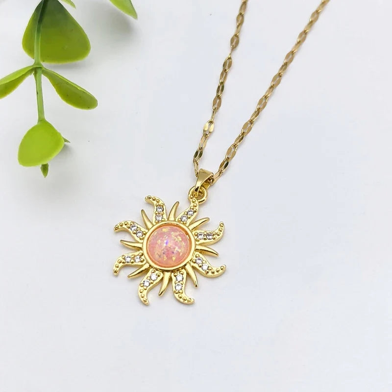 Women's Sunflower Pendant Necklace Gold Stainless Steel Clavicle