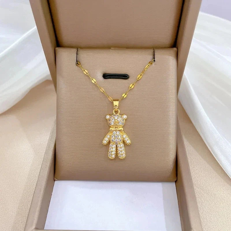 Butterfly Bow Bear Pendant Choker Necklace – Gold Stainless Steel