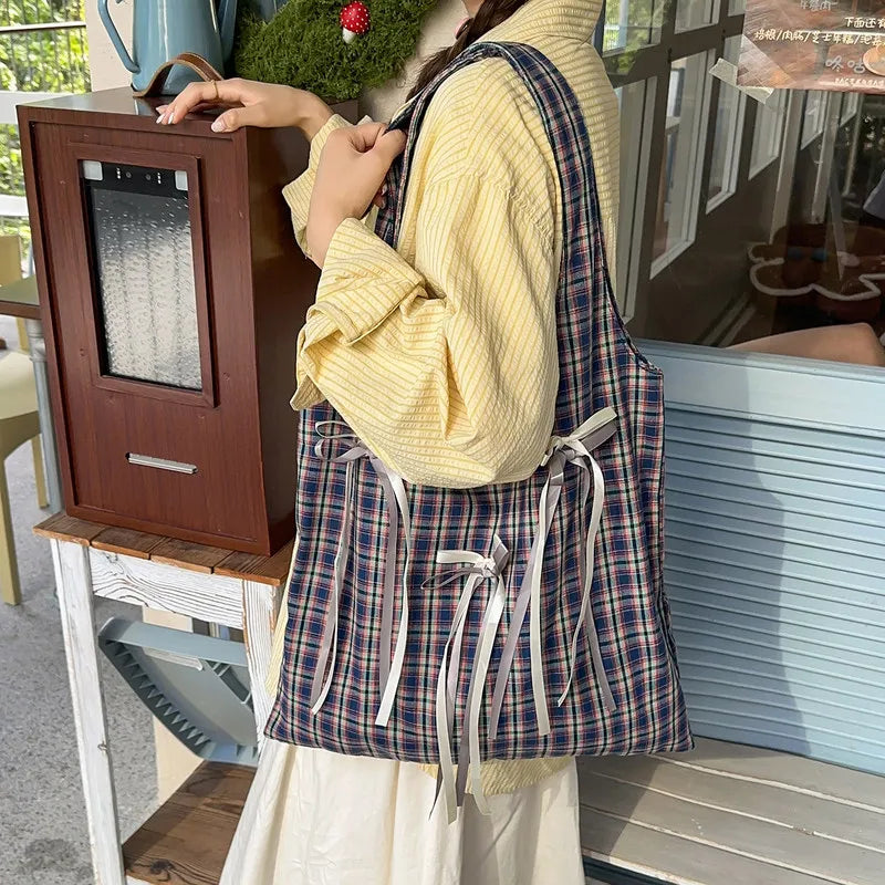 Korean Academia Plaid Bow Tote Bag – Large Canvas Shoulder Bag