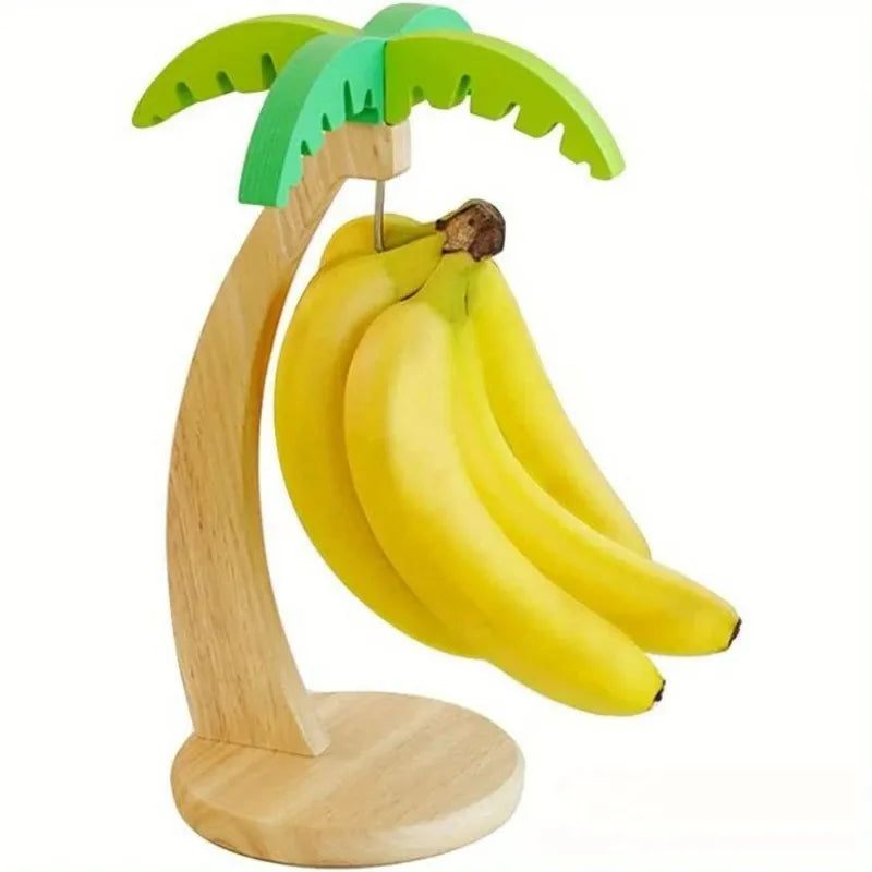 Wooden Banana Holder Fruit Shelf with Decorative Leaves